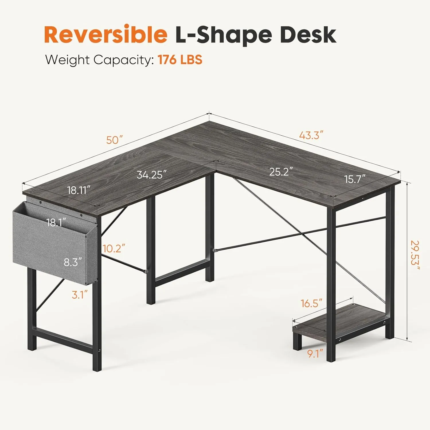 Sweetcrispy L Shaped Desk Gaming Computer 50 Inch Reversible Corner PC Work Table for Writing Study Student with Wood Tabletop Metal Frame CPU Stand Side Bag for Home Office Small Space, Grey