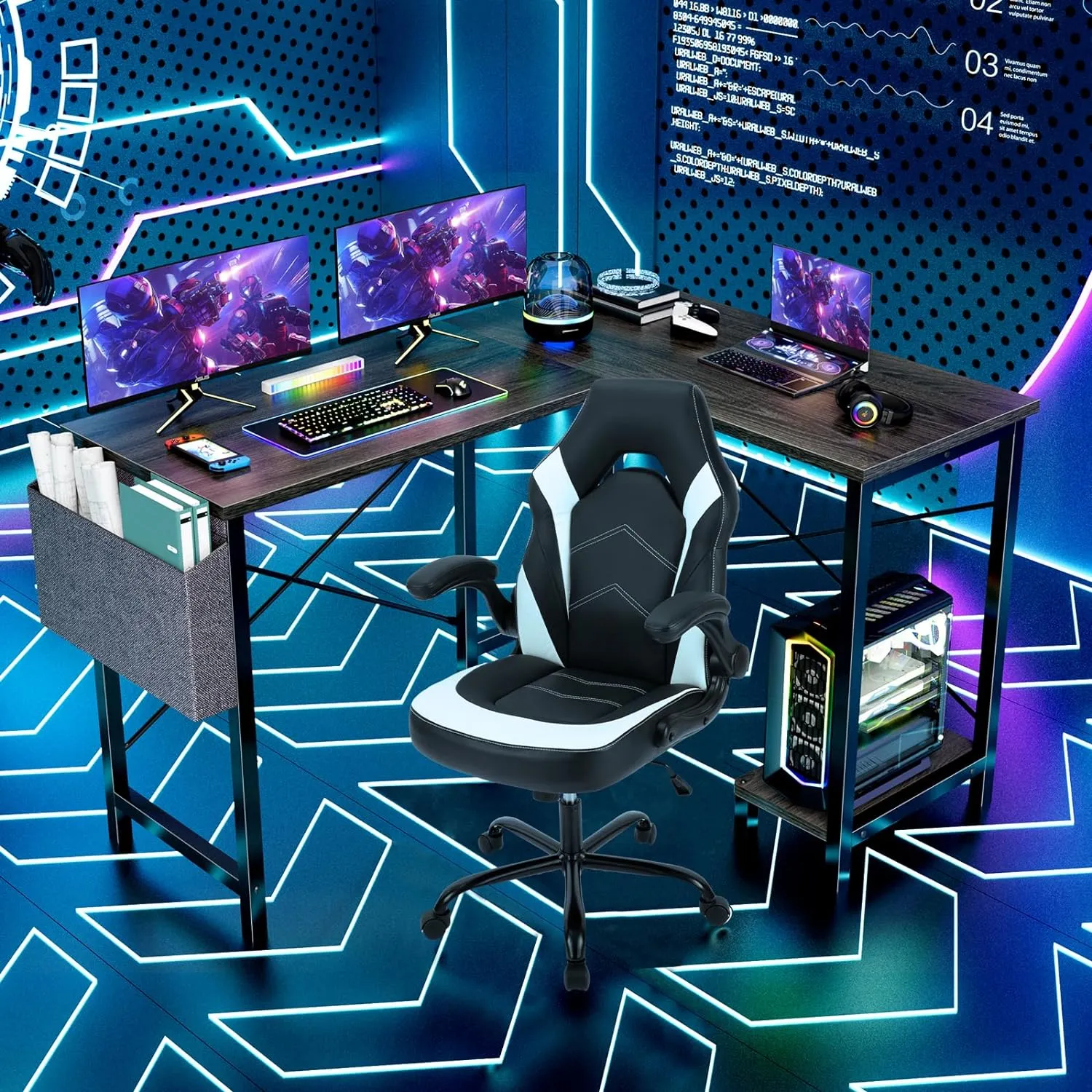 Sweetcrispy L Shaped Desk Gaming Computer 50 Inch Reversible Corner PC Work Table for Writing Study Student with Wood Tabletop Metal Frame CPU Stand Side Bag for Home Office Small Space, Grey
