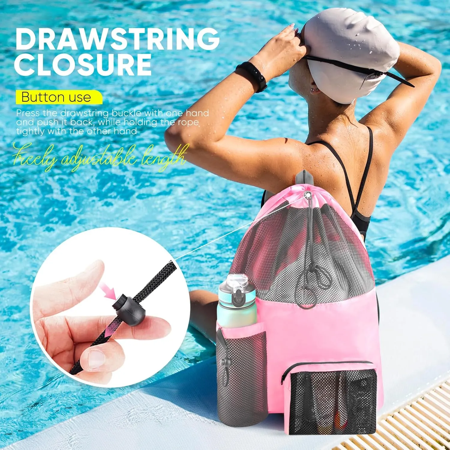 Swim Mesh Beach Bag, Waterproof Gym Bags for Women and Men, Large Pool Bag Swimming Gear Drawstring Backpack