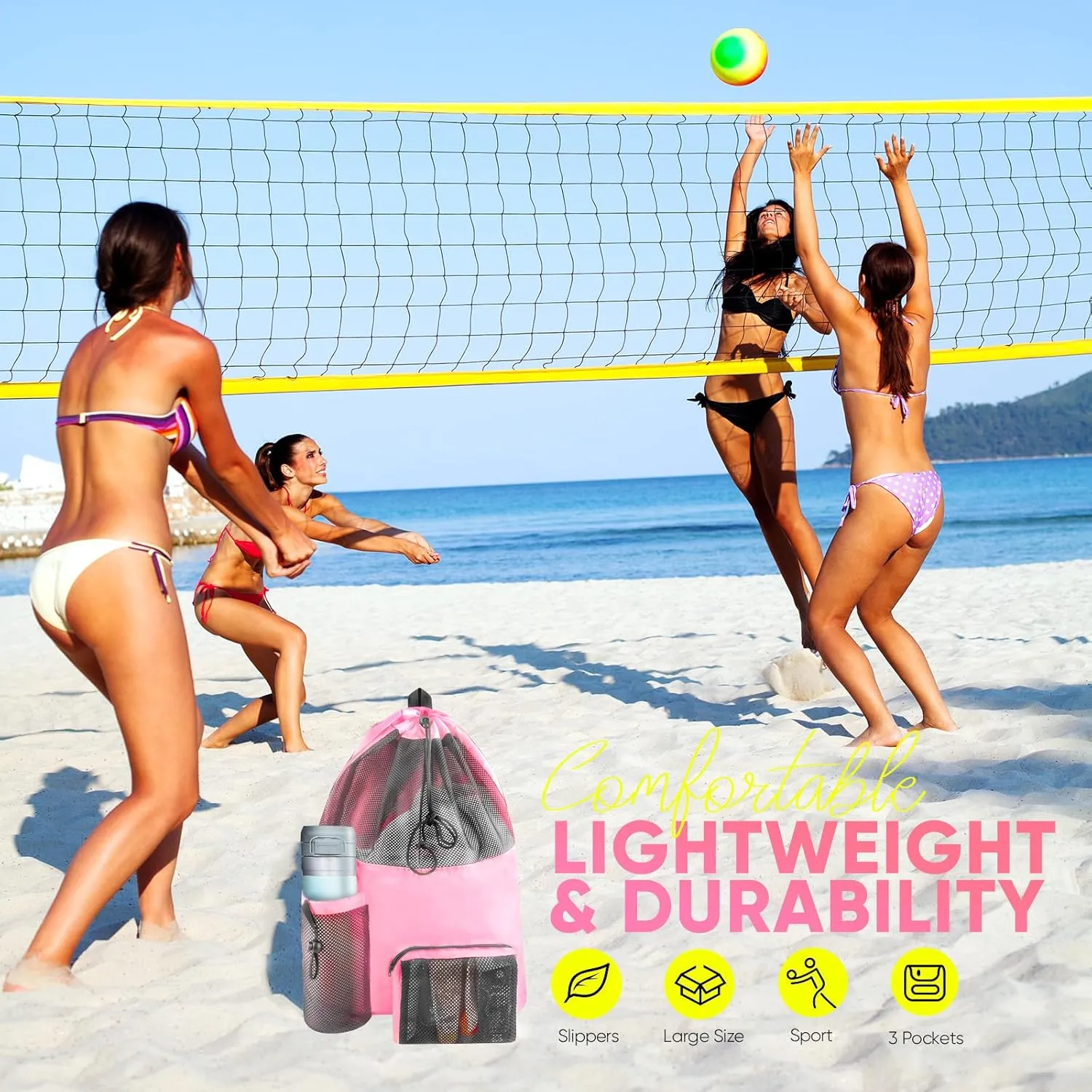 Swim Mesh Beach Bag, Waterproof Gym Bags for Women and Men, Large Pool Bag Swimming Gear Drawstring Backpack