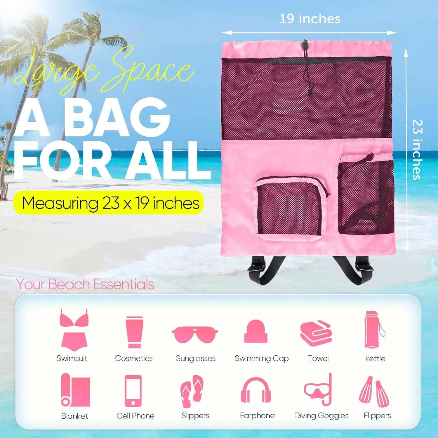 Swim Mesh Beach Bag, Waterproof Gym Bags for Women and Men, Large Pool Bag Swimming Gear Drawstring Backpack