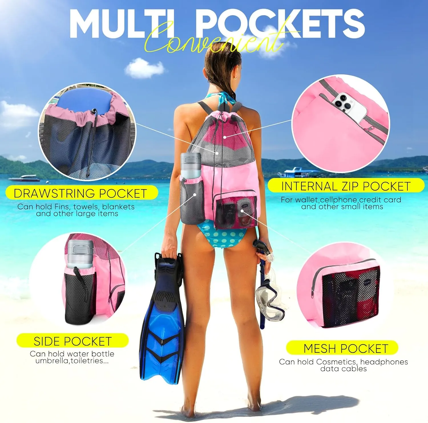 Swim Mesh Beach Bag, Waterproof Gym Bags for Women and Men, Large Pool Bag Swimming Gear Drawstring Backpack