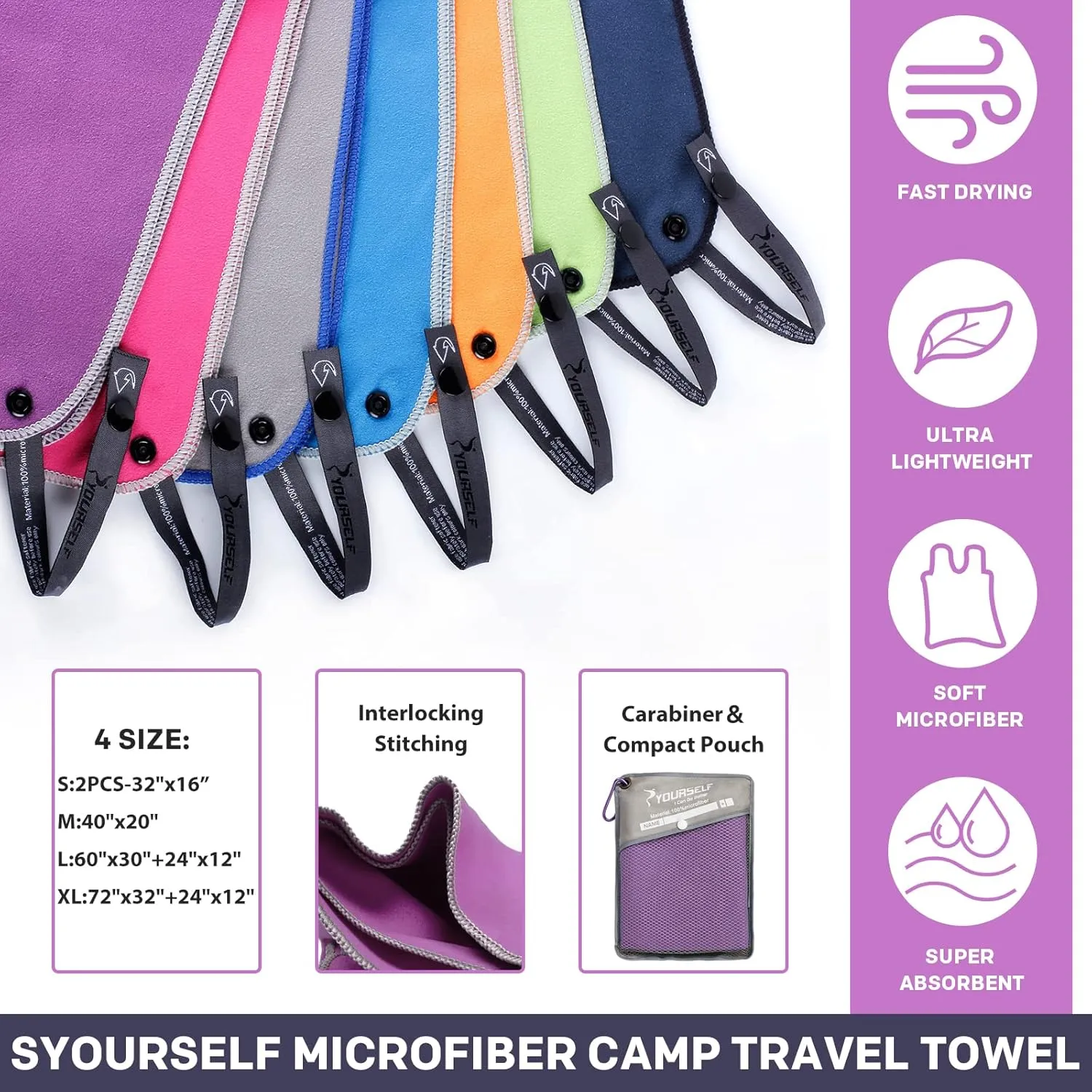 SYOURSELF 2 Pack Microfiber Camping Towel, Quick Dry Towel, Soft Absorbent Compact Travel Gym Workout Sweat Towel for Beach Yoga Swim Travel Camping Hiking Backpack Essentials (L:60"x30" 12"x24")