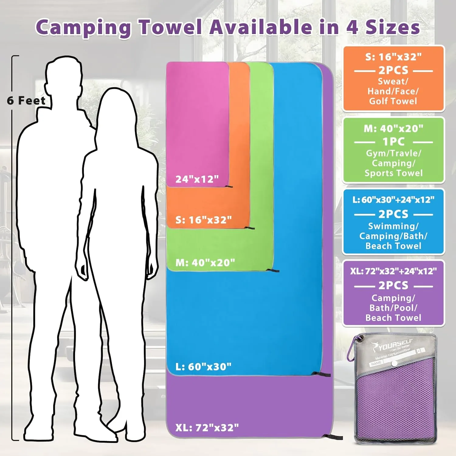SYOURSELF 2 Pack Microfiber Camping Towel, Quick Dry Towel, Soft Absorbent Compact Travel Gym Workout Sweat Towel for Beach Yoga Swim Travel Camping Hiking Backpack Essentials (L:60"x30" 12"x24")