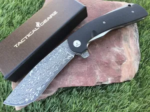 TACTICAL GEARZ Damascus Pocket Folding Knife, G10 Handle, Multi-Layered Damascus Steel VG10 Blade, Includes Sheath (Deimos XT)