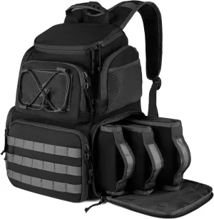 Tactical Range Backpack for Handguns and Ammo, Gun Cases Bag with 3 Pistol Carrying Cases for Hunting Shooting (Black)