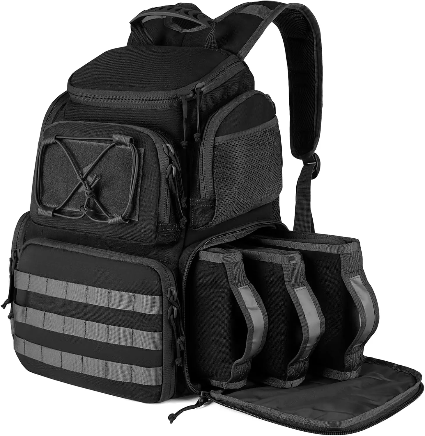 Tactical Range Backpack for Handguns and Ammo, Gun Cases Bag with 3 Pistol Carrying Cases for Hunting Shooting (Black)