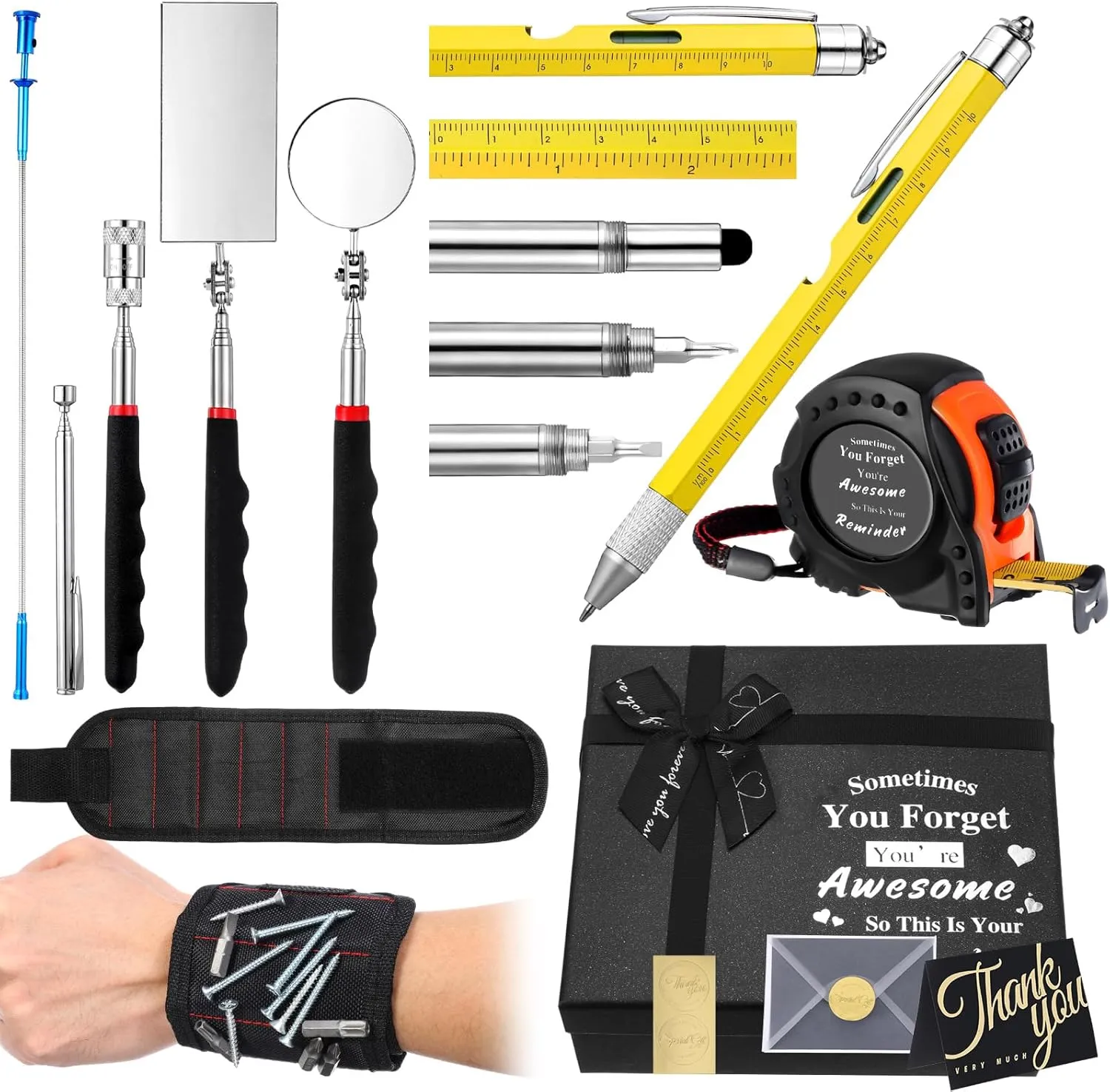 Tandefio Dad Gifts Multifunctional Tool Set Father's Day Gifts for Men Adults Magnetic Pick up Set 7 in 1 Multitool Pen Measuring Tape with Box for Home Bike Fast Repair
