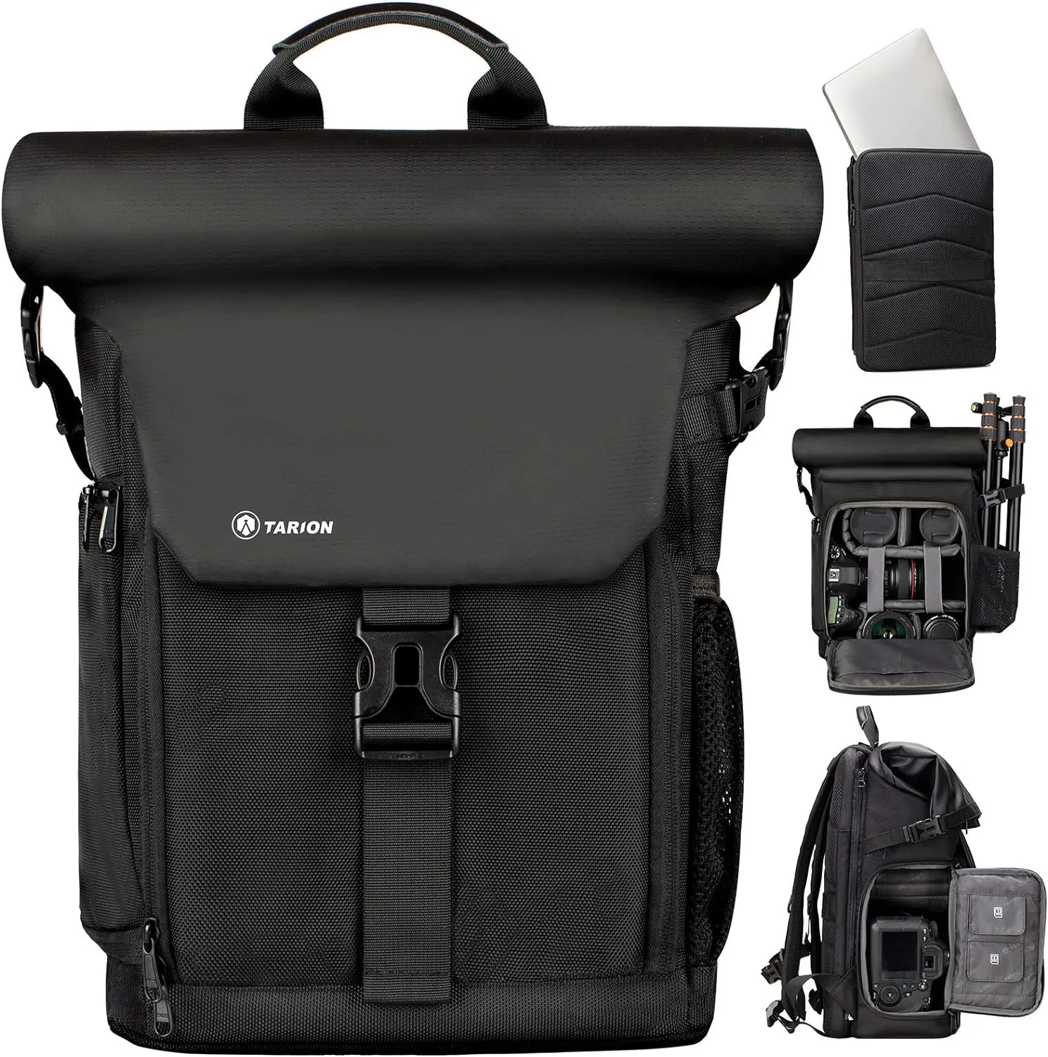 TARION Camera Backpack with Removable 16inch Laptop Sleeve Canvas Camera Bag Photography Backpack for DSLR SLR Mirrorless Cameras Video Camcorder Waterproof Raincover Black Rolltop DSLR Backpack