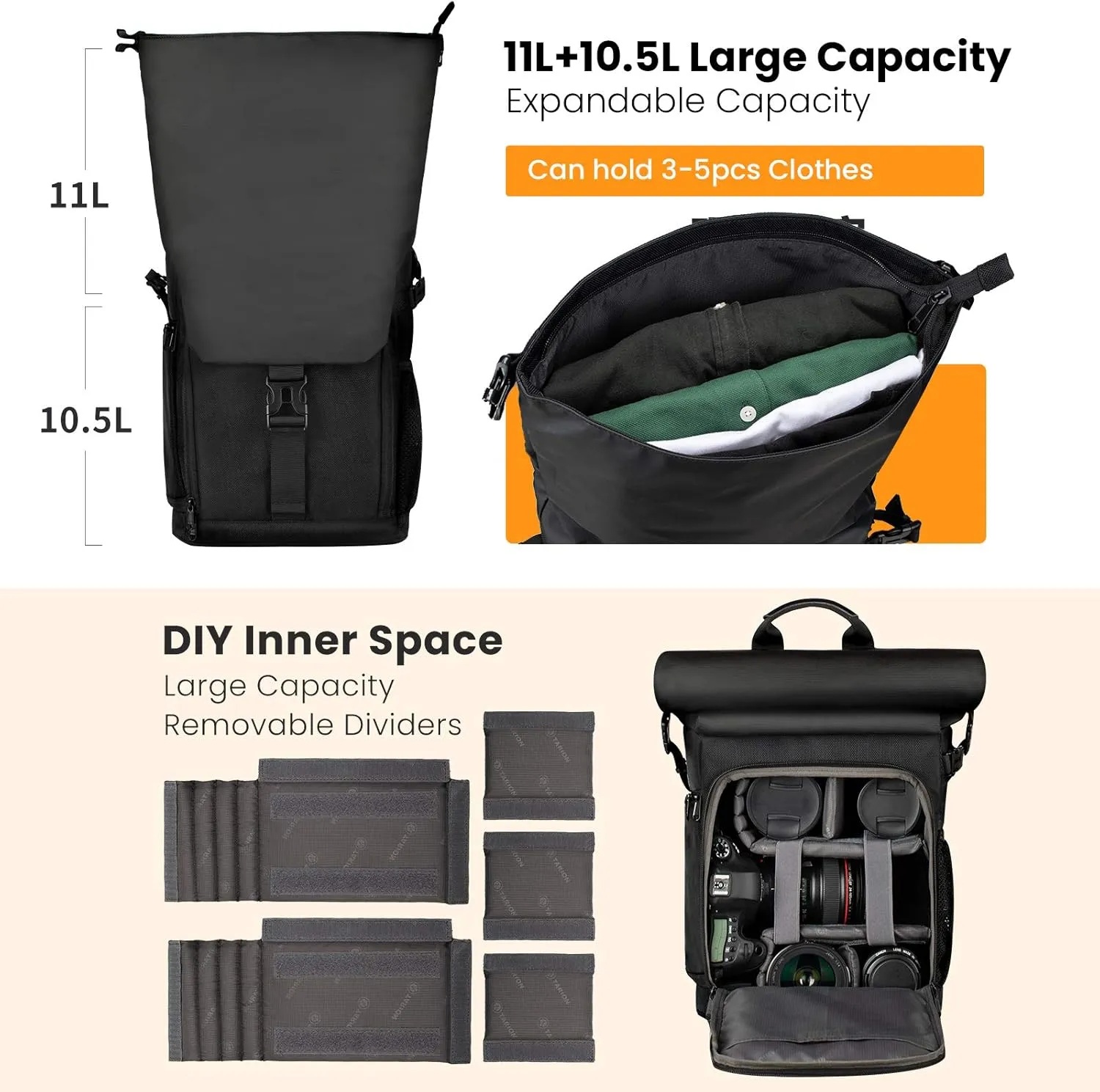TARION Camera Backpack with Removable 16inch Laptop Sleeve Canvas Camera Bag Photography Backpack for DSLR SLR Mirrorless Cameras Video Camcorder Waterproof Raincover Black Rolltop DSLR Backpack