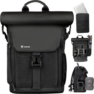 TARION Camera Backpack with Removable 16inch Laptop Sleeve Canvas Camera Bag Photography Backpack for DSLR SLR Mirrorless Cameras Video Camcorder Waterproof Raincover Black Rolltop DSLR Backpack