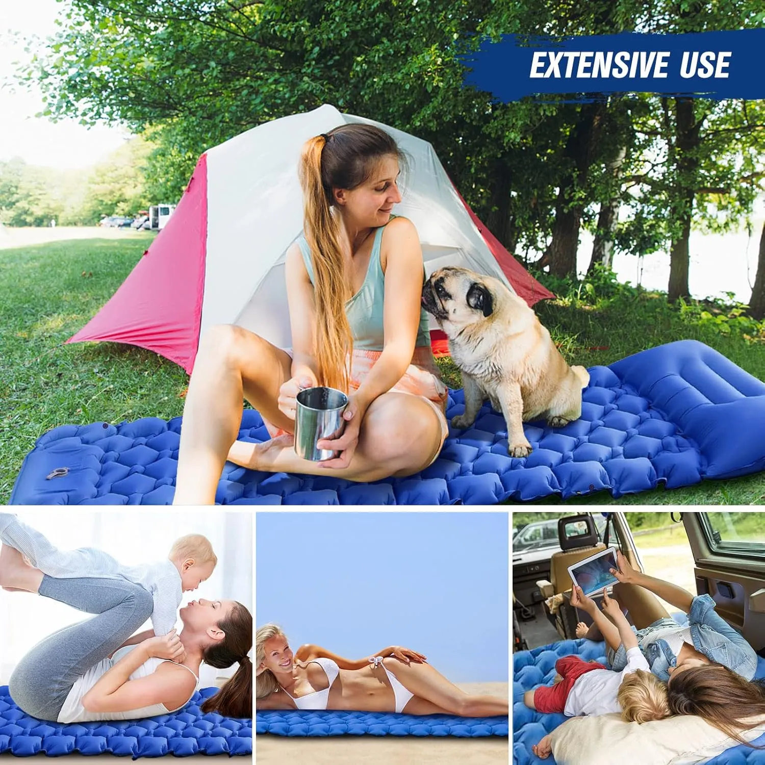 TARSHYRY Camping Mat Lightweight Portable Air Mattress, Inflatable Sleeping Pad with Air Pillow for Hiking, Green Nylon TPU (Blue)