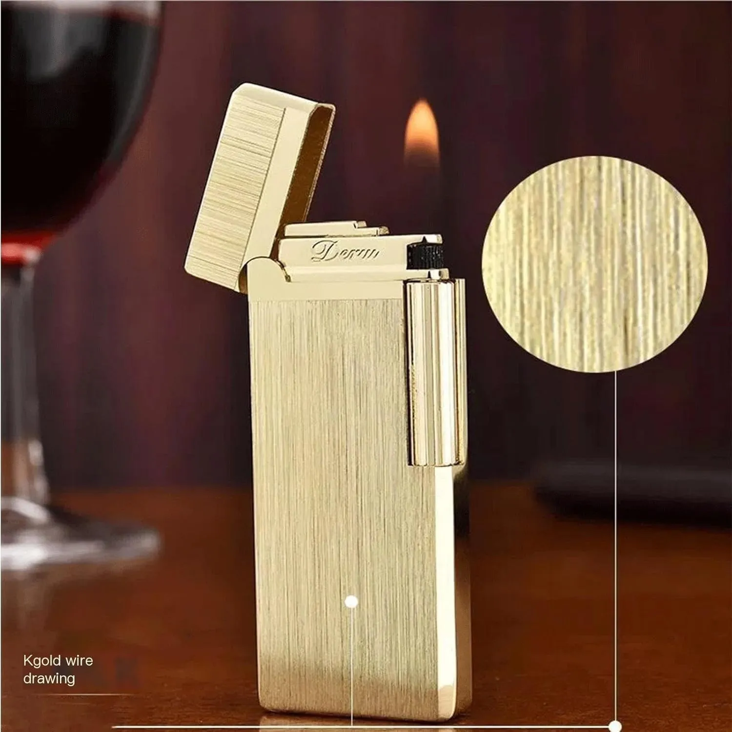 TARVIT Butane Soft Flame Lighter，Side Slip Wheel Ignition Flint Ingnition，Adjustable Flame ，Refillable Gas ，Portable Slim Lighter Can Be Put in to The Cigarette Box 【No Gas】 (Color : Brushed Gold)