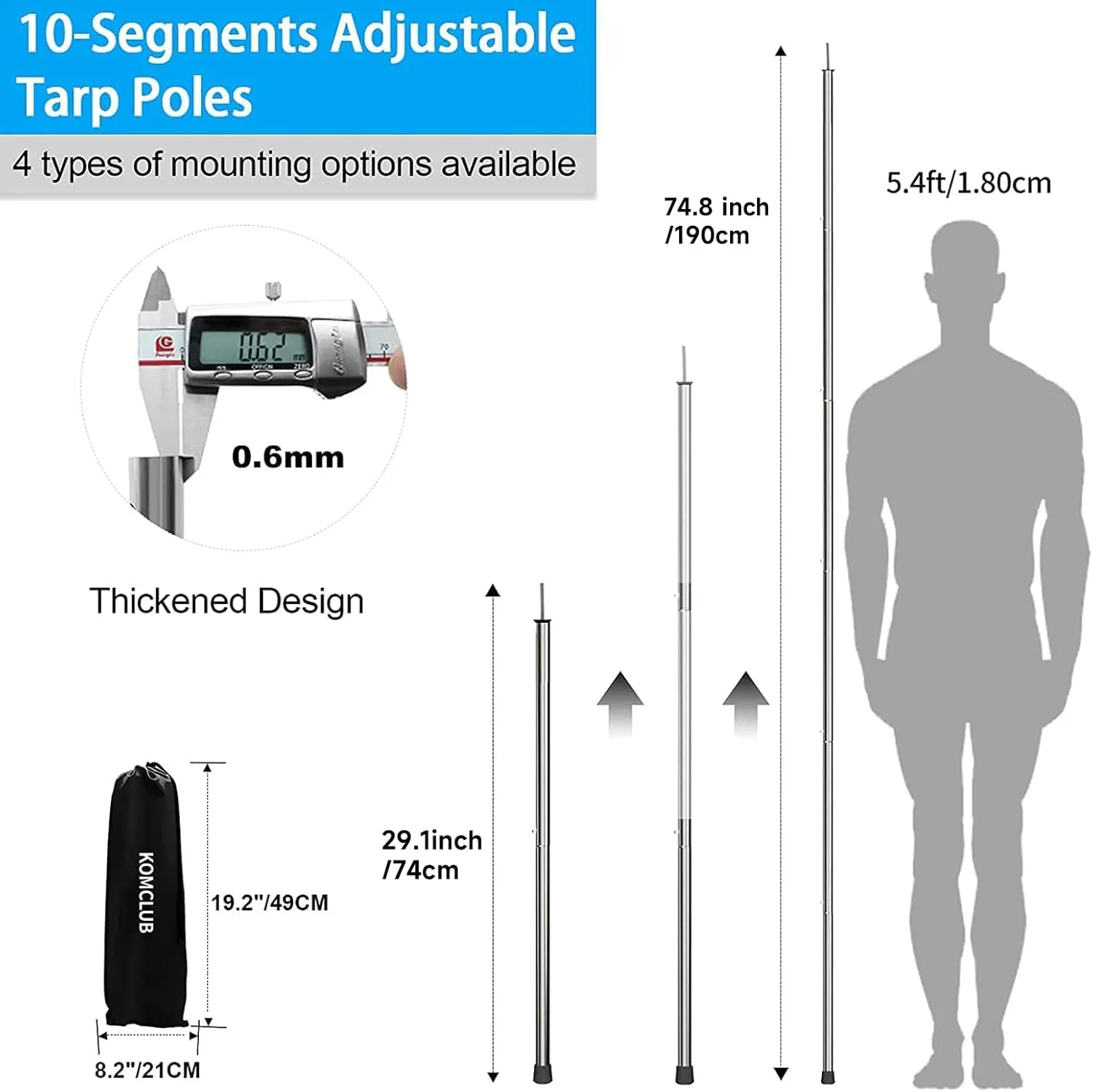 Telescoping Tent Poles - Adjustable Heavy Duty Camping Poles - Thickened Stainless Steel - Set of 2 - For Tarp, Awning, Canopy, Beach Shelter, Sun Sails
