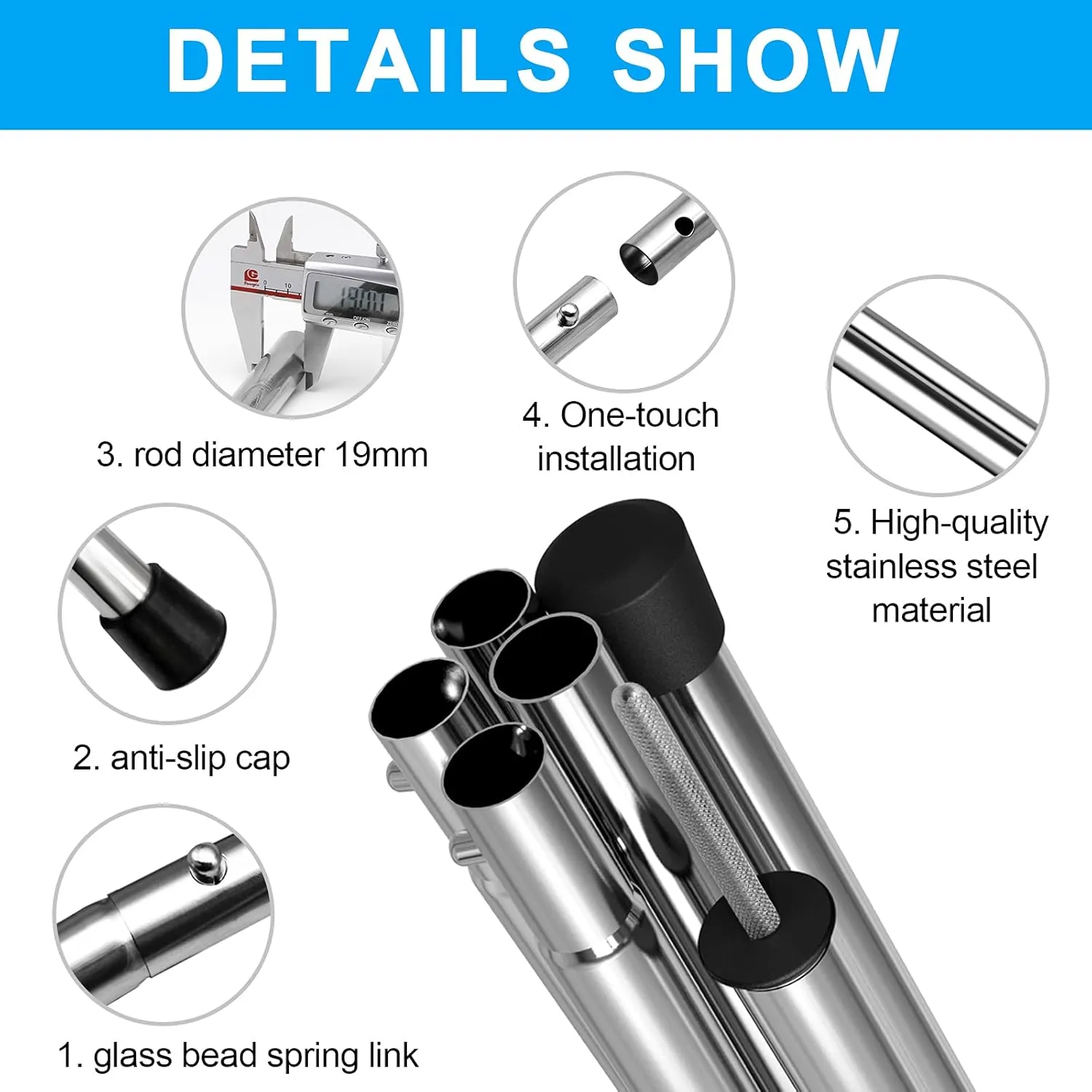 Telescoping Tent Poles - Adjustable Heavy Duty Camping Poles - Thickened Stainless Steel - Set of 2 - For Tarp, Awning, Canopy, Beach Shelter, Sun Sails