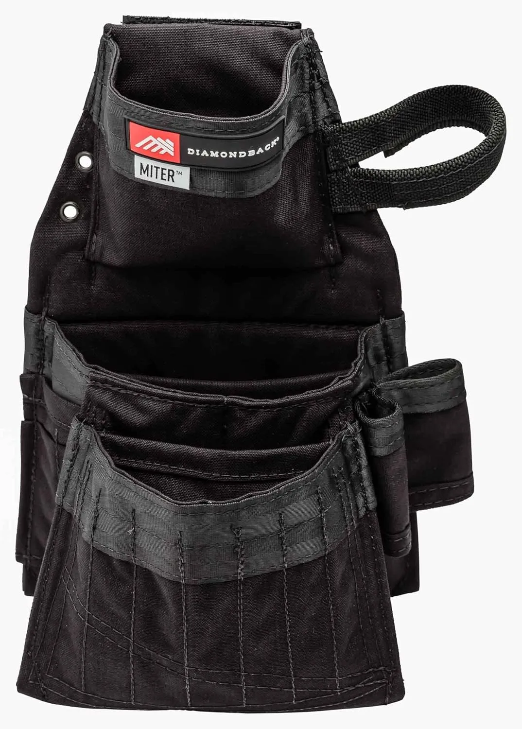 The Diamondback Miter Tool Pouch - Clip-On Tool Belt Pouch with 3 Pockets, 7 Slots, & 3 Loops- Lightweight Belt Tool Pouch- Durable Tool Pouch with Belt Clip 15.25"x10.25", 1 lb (Black)