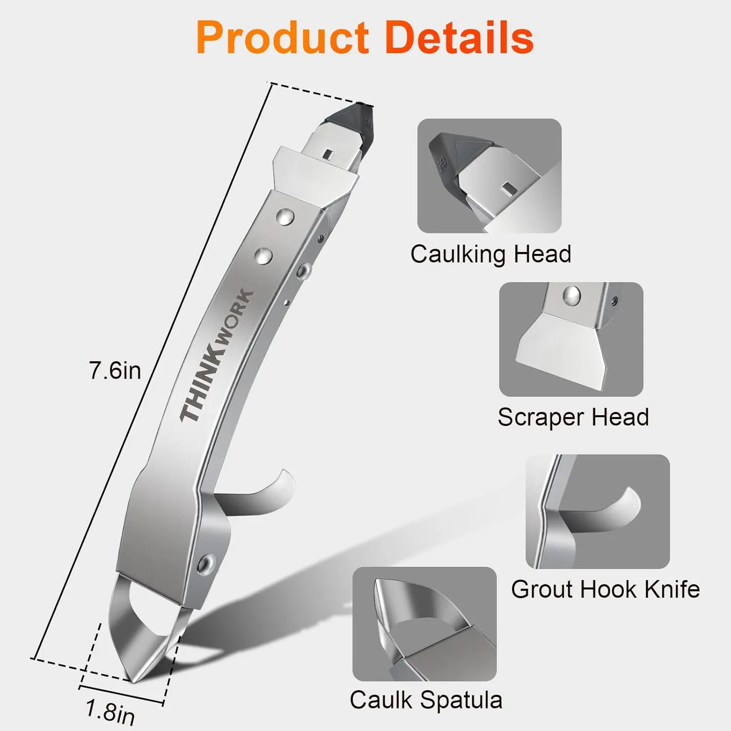 THINKWORK Caulking Tool Kit, 4 in 1 Caulk Remover Tool, Stainless Steel Caulk Tool for Kitchen Bathroom Window Sink Tile Joint, Silver