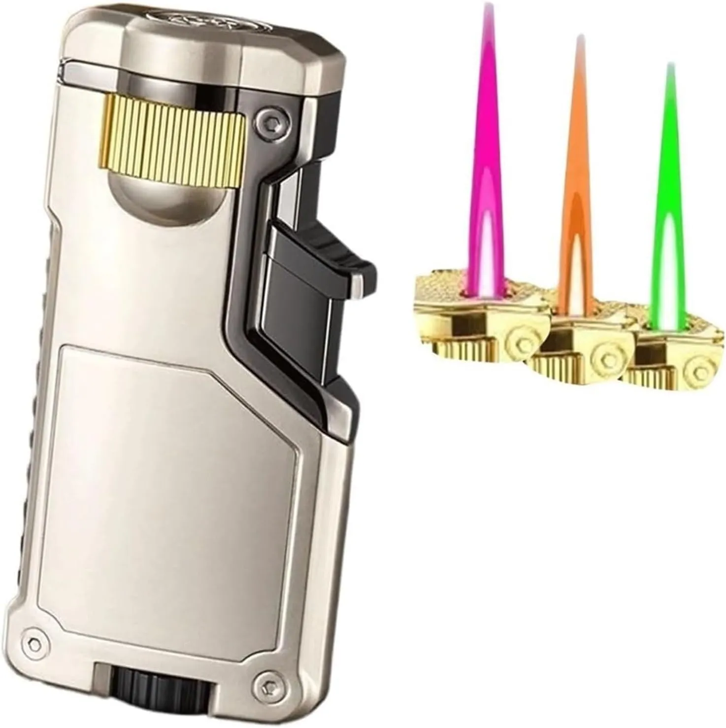 Three-Colour Flame Switchable Butane Lighter, Windproof Refillable Jet Flame Torch Butane Lighter with Adjustable Pink/Orange/Green/Flame Lighter for Candle BBQ Camping Gifts for Men and Women(C)