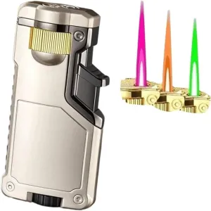 Three-Colour Flame Switchable Butane Lighter, Windproof Refillable Jet Flame Torch Butane Lighter with Adjustable Pink/Orange/Green/Flame Lighter for Candle BBQ Camping Gifts for Men and Women(C)