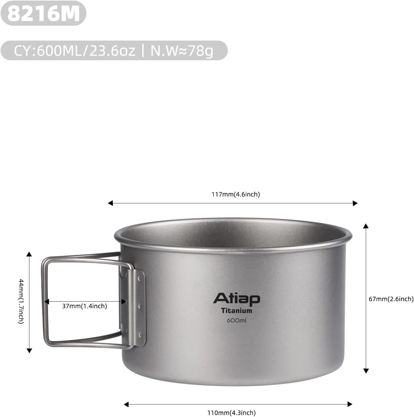 Titanium Bowl Pot with Foldable Handle, Single-Wall Titanium Cooking Tableware Bowl with Folding Handle for Outdoor Camping Hiking Picnic (600ML)