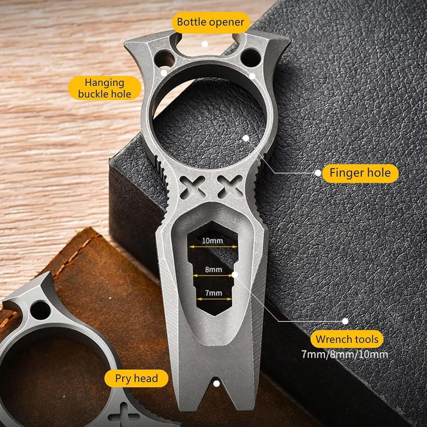 Titanium EDC Multi Tool with Wrench Bottle Opener Pry Bar Function Mini Portable Keychain gear outdoor Camping（Stonewashing）