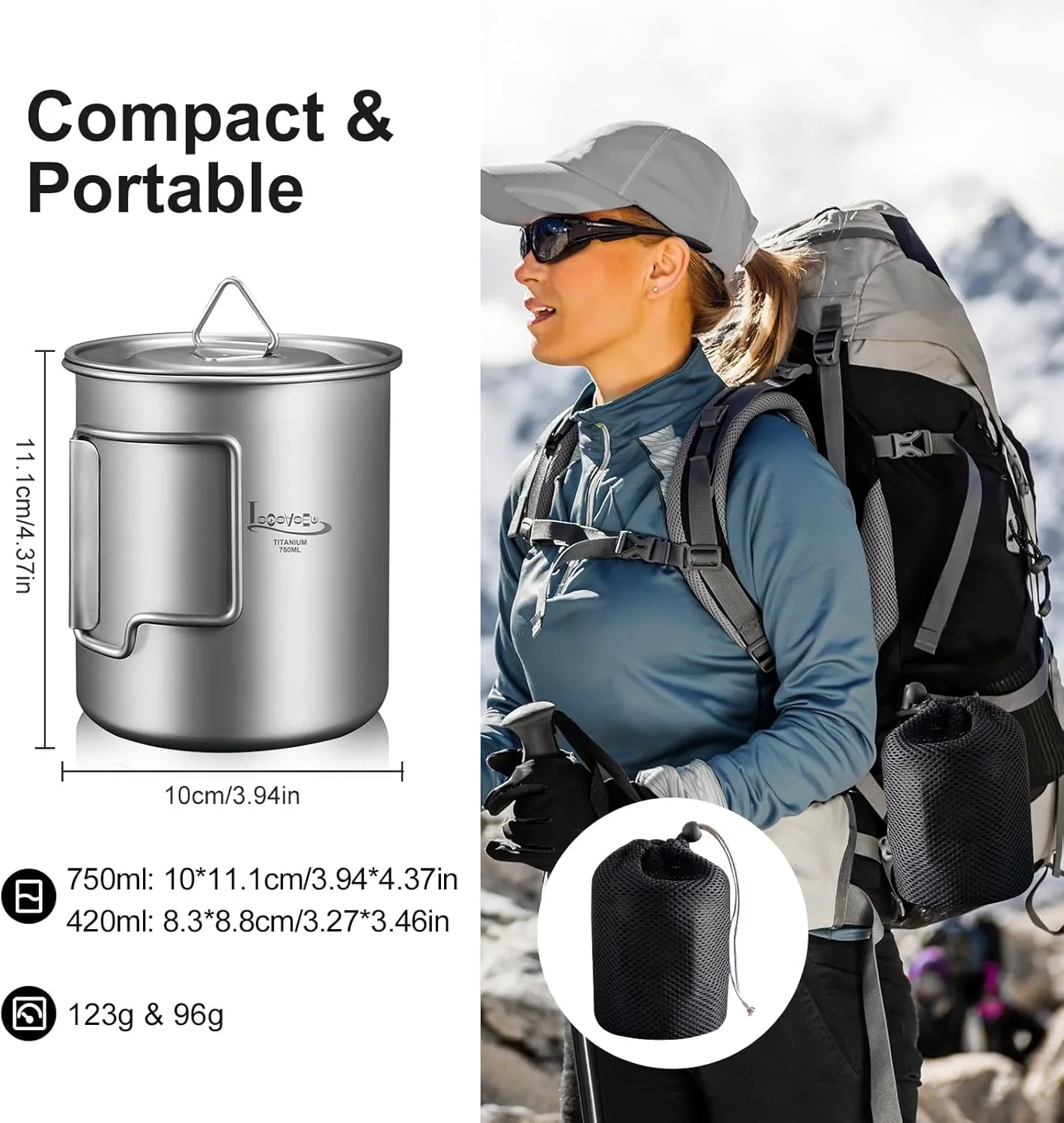 Titanium Pot with Lid, Lightweight Camping Pot with Foldable Handles, Portable Titanium Cooking Pot, Backpacking Pot Titanium Cookware with Carry Bag