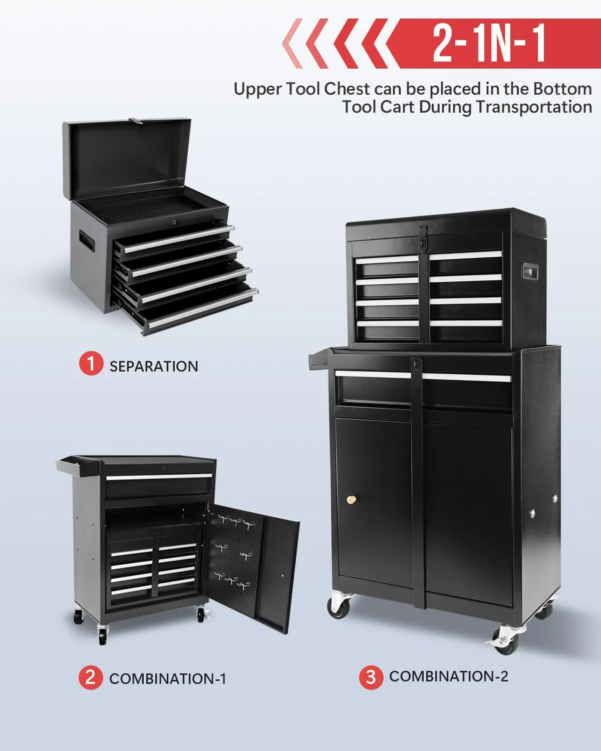 Tool Chest, 2 in 1 Tool Boxes with 5 Drawers, Tool Cart with 7 Organizer Tray Divider Set & Wheels, Large Rolling Tool Box Organizer for Garage, Workshop, Home Crafts