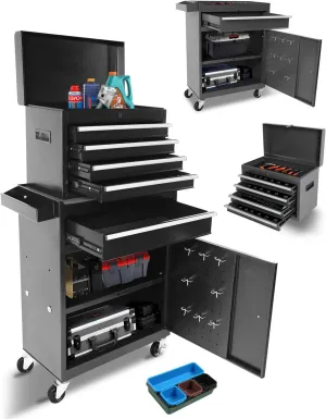 Tool Chest, 2 in 1 Tool Boxes with 5 Drawers, Tool Cart with 7 Organizer Tray Divider Set & Wheels, Large Rolling Tool Box Organizer for Garage, Workshop, Home Crafts