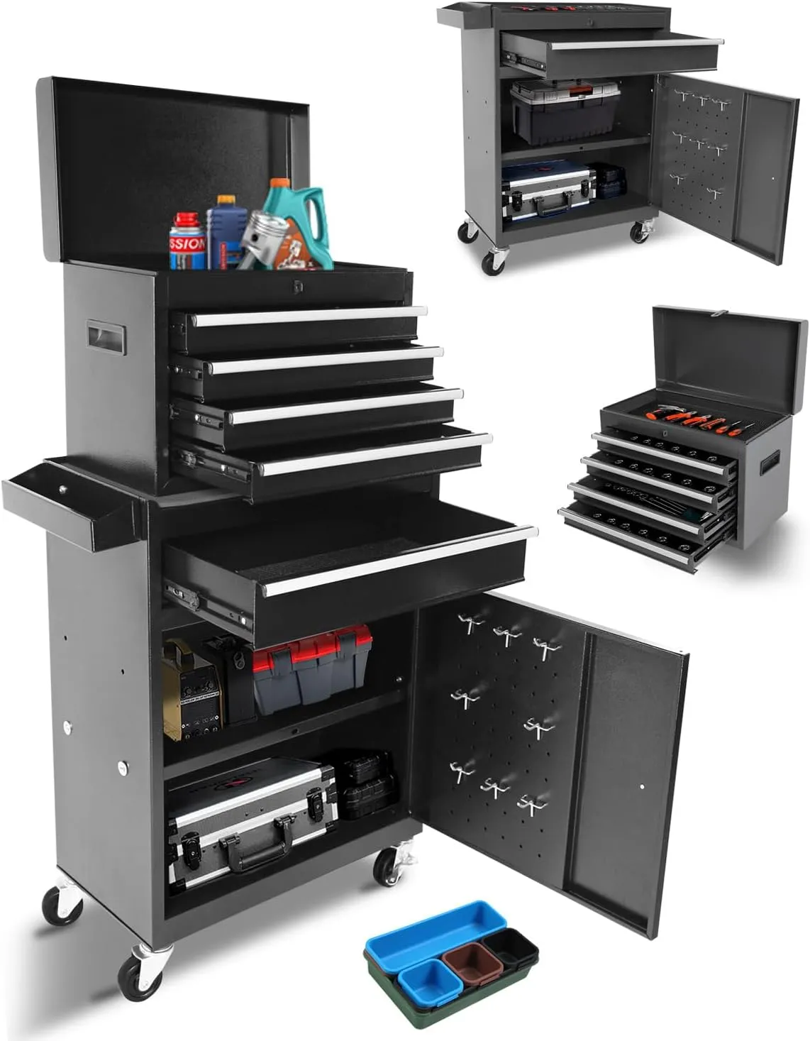 Tool Chest, 2 in 1 Tool Boxes with 5 Drawers, Tool Cart with 7 Organizer Tray Divider Set & Wheels, Large Rolling Tool Box Organizer for Garage, Workshop, Home Crafts