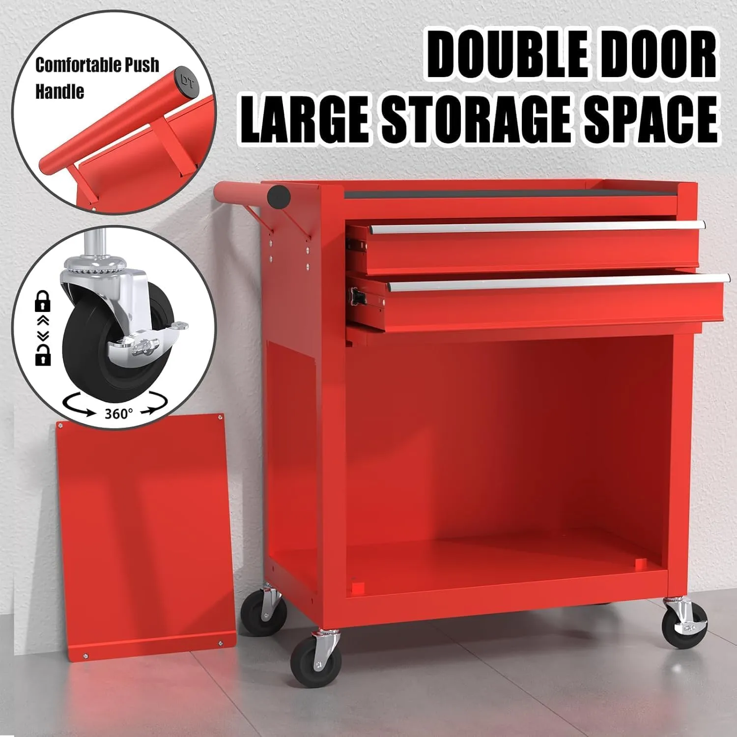 Tool Chest, 8-Drawer Rolling Storage Cabinet, 2 in 1 Detachable Top Tool Box,Lockable Wheels, Locking Mechanism Drawer, Side Hooks, Liner, Metal Cart for Garage, Red