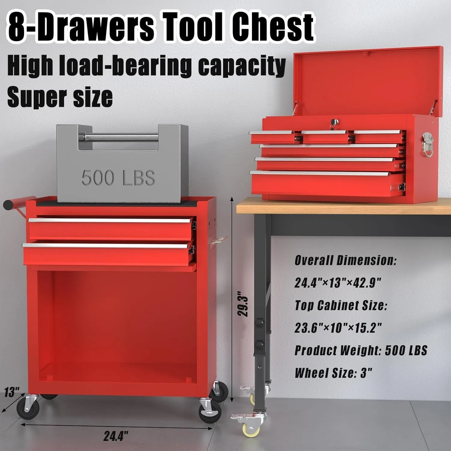 Tool Chest, 8-Drawer Rolling Storage Cabinet, 2 in 1 Detachable Top Tool Box,Lockable Wheels, Locking Mechanism Drawer, Side Hooks, Liner, Metal Cart for Garage, Red