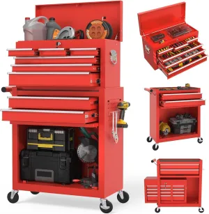 Tool Chest, 8-Drawer Rolling Storage Cabinet, 2 in 1 Detachable Top Tool Box,Lockable Wheels, Locking Mechanism Drawer, Side Hooks, Liner, Metal Cart for Garage, Red