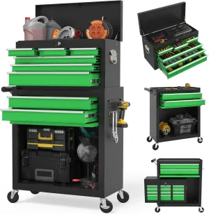 Tool Chest, 8-Drawer Rolling Tool Storage Cabinet with 2 in 1 Detachable Top Tool Box, Liner, Lockable Wheels, Side Hooks, Locking Mechanism, Metal Tool Cart for Garage, GreenBlack