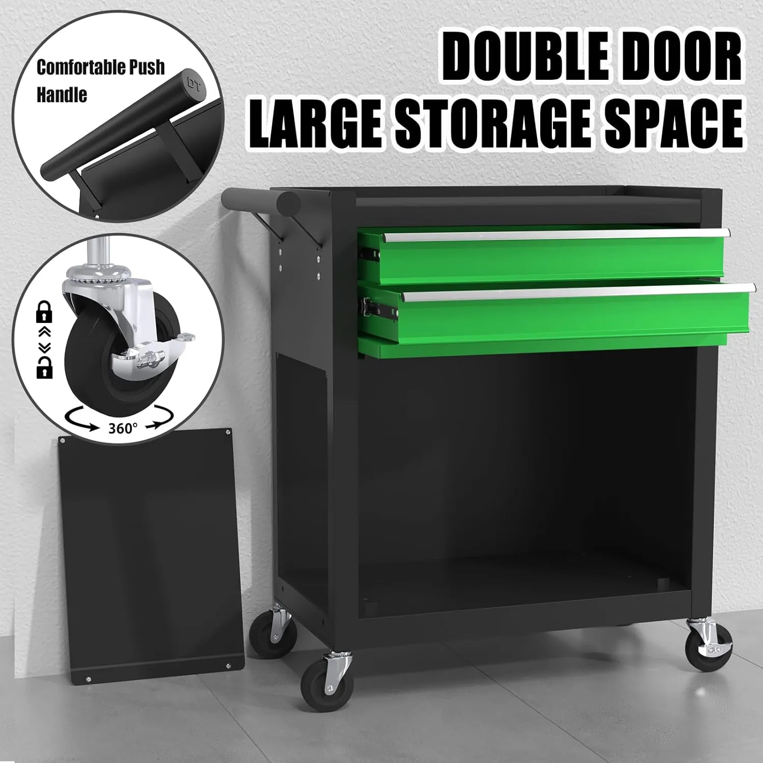 Tool Chest, 8-Drawer Rolling Tool Storage Cabinet with 2 in 1 Detachable Top Tool Box, Liner, Lockable Wheels, Side Hooks, Locking Mechanism, Metal Tool Cart for Garage, GreenBlack