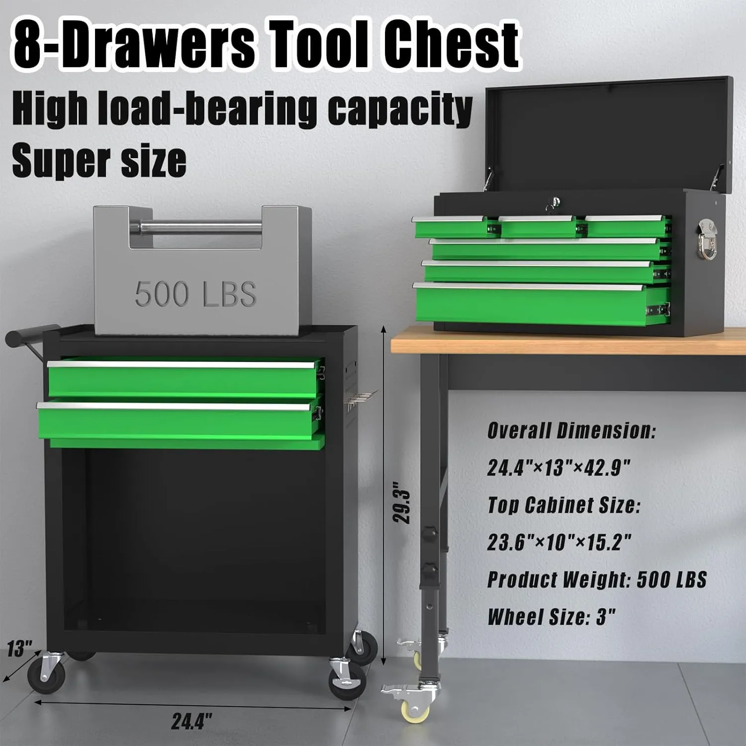 Tool Chest, 8-Drawer Rolling Tool Storage Cabinet with 2 in 1 Detachable Top Tool Box, Liner, Lockable Wheels, Side Hooks, Locking Mechanism, Metal Tool Cart for Garage, GreenBlack