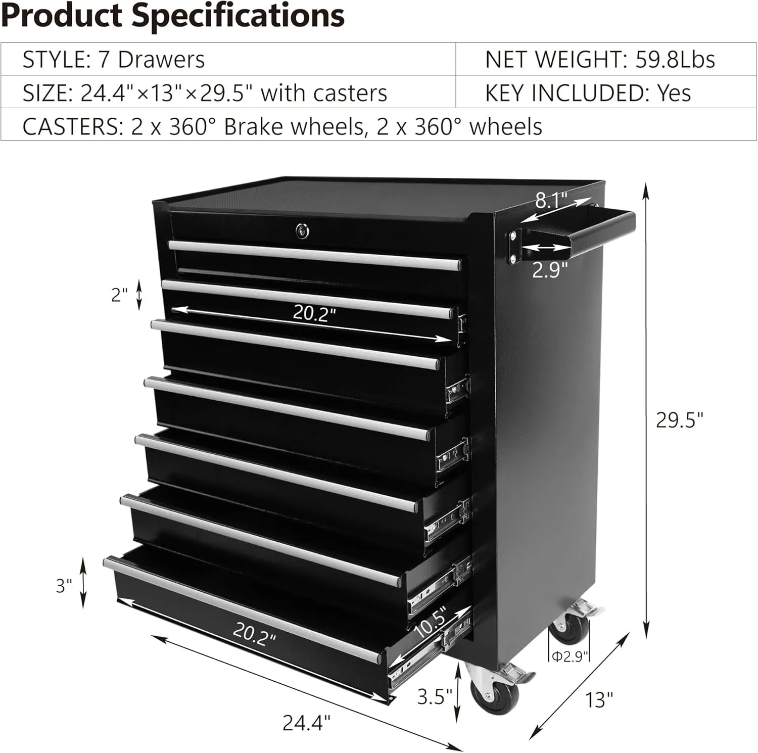 Tool Chest with 7-Drawer Tool Box Organizers and Storage,Rolling Multifunctional Tool Cart on Wheels,Tool Storage Organizer Cabinets for Garage,Warehouse,Repair Shop. (Black 2#)