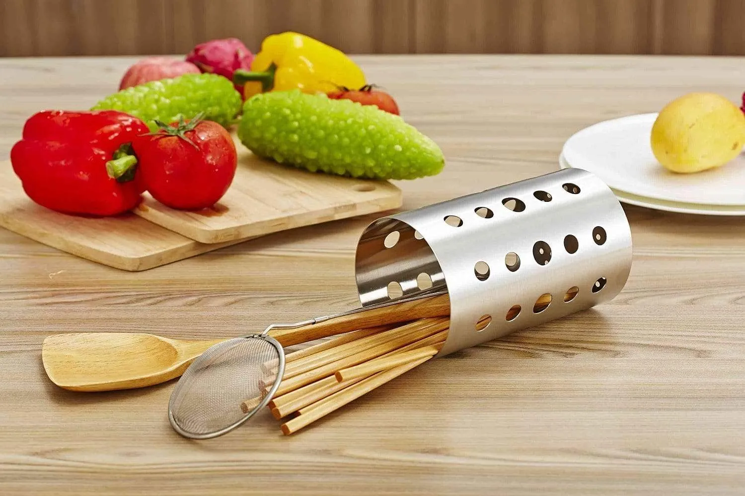 Topoko Thick Stainless Steel Circular Hole Tableware Cage Chopsticks Tube Storage, Brush Holder,kitchen caddy,Utensil Holder (4X6 Inch)