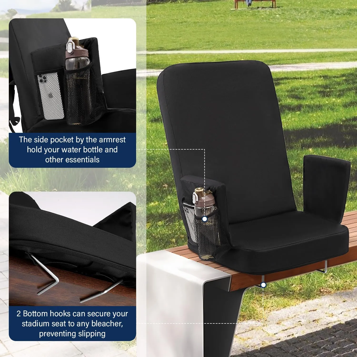 TOPSKY Stadium Seat with High Back Support, 26.2”Height, 19.1”Width (Seat 17.7”), Wide Bleacher Seats with 2 Hook, Picnic Seat，XY-CR-693-W43H(2PCS Black)