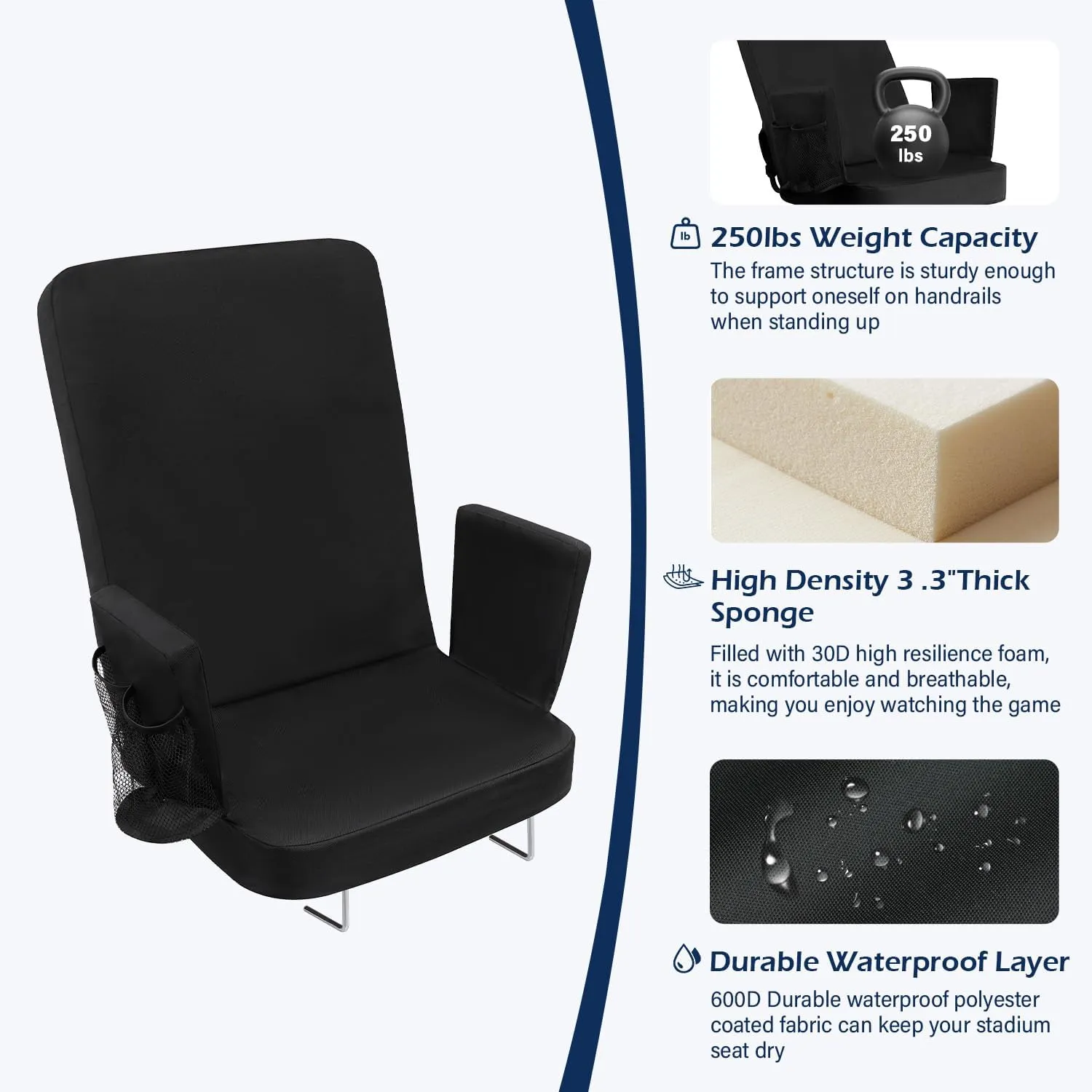 TOPSKY Stadium Seat with High Back Support, 26.2”Height, 19.1”Width (Seat 17.7”), Wide Bleacher Seats with 2 Hook, Picnic Seat，XY-CR-693-W43H(2PCS Black)