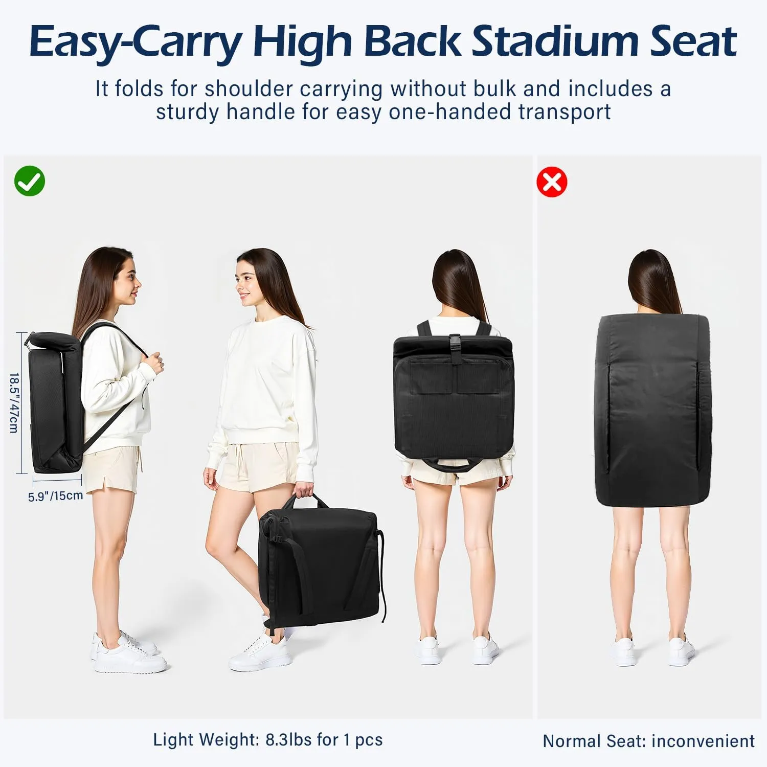 TOPSKY Stadium Seat with High Back Support, 26.2”Height, 19.1”Width (Seat 17.7”), Wide Bleacher Seats with 2 Hook, Picnic Seat，XY-CR-693-W43H(2PCS Black)