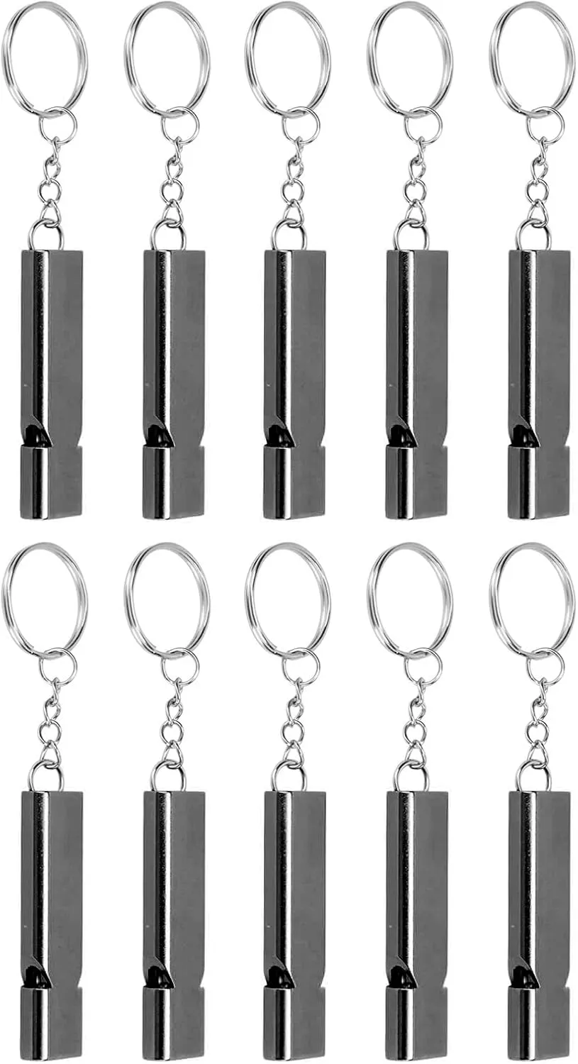 Topyond 10Pcs Aluminum Alloy Emergency Survival Whistle - Double Tube High-Frequency Whistle with Keychain for Outdoor Gear