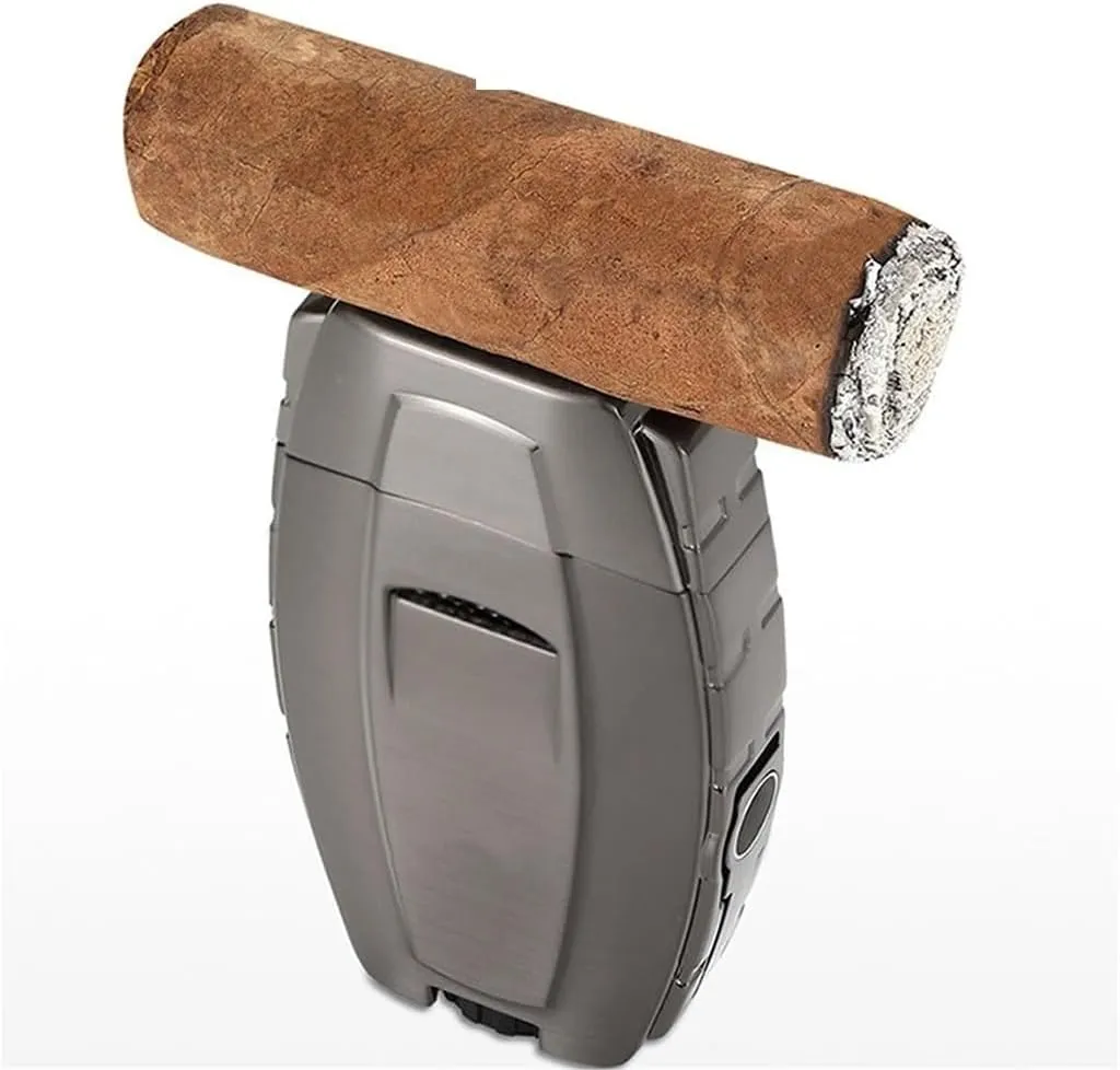Torch Cigar Lighter with Adjustable Nozzle Dual Flame, Built-in Cigar Punch/Holder, Windproof Rechargeable Butane Cool Lighter for Charcoal Fire, Travel, Candles, Birthday Gift for Men(B)