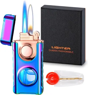 Torch Dual Flame Lighter With 6pcs Flint Stone, Windproof With Visible Fuel Tank, Adjustable Soft and Jet Flame 2 in 1, Refillable Butane for Gift Men - Ice Rainbow