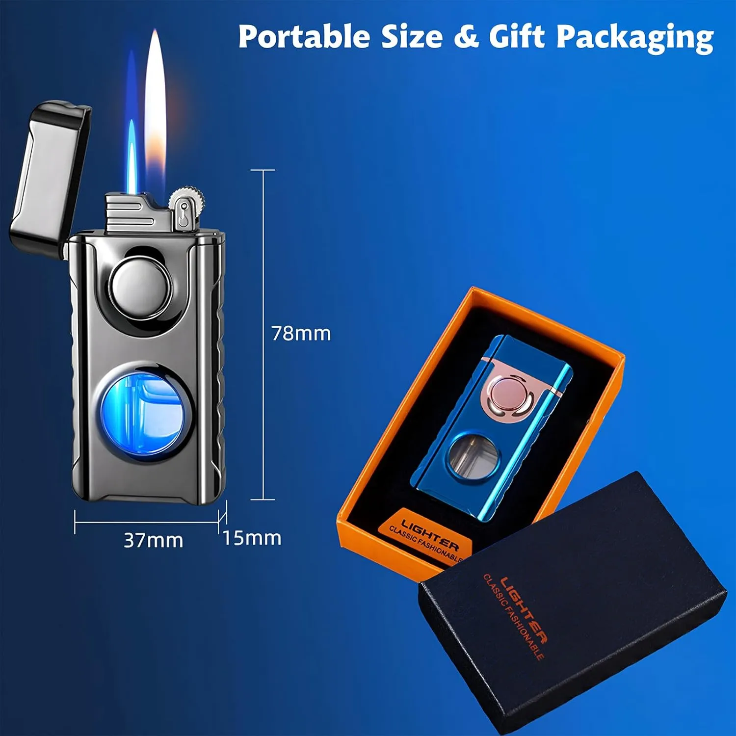 Torch Dual Flame Lighter With 6pcs Flint Stone, Windproof With Visible Fuel Tank, Adjustable Soft and Jet Flame 2 in 1, Refillable Butane for Gift Men - Ice Rainbow