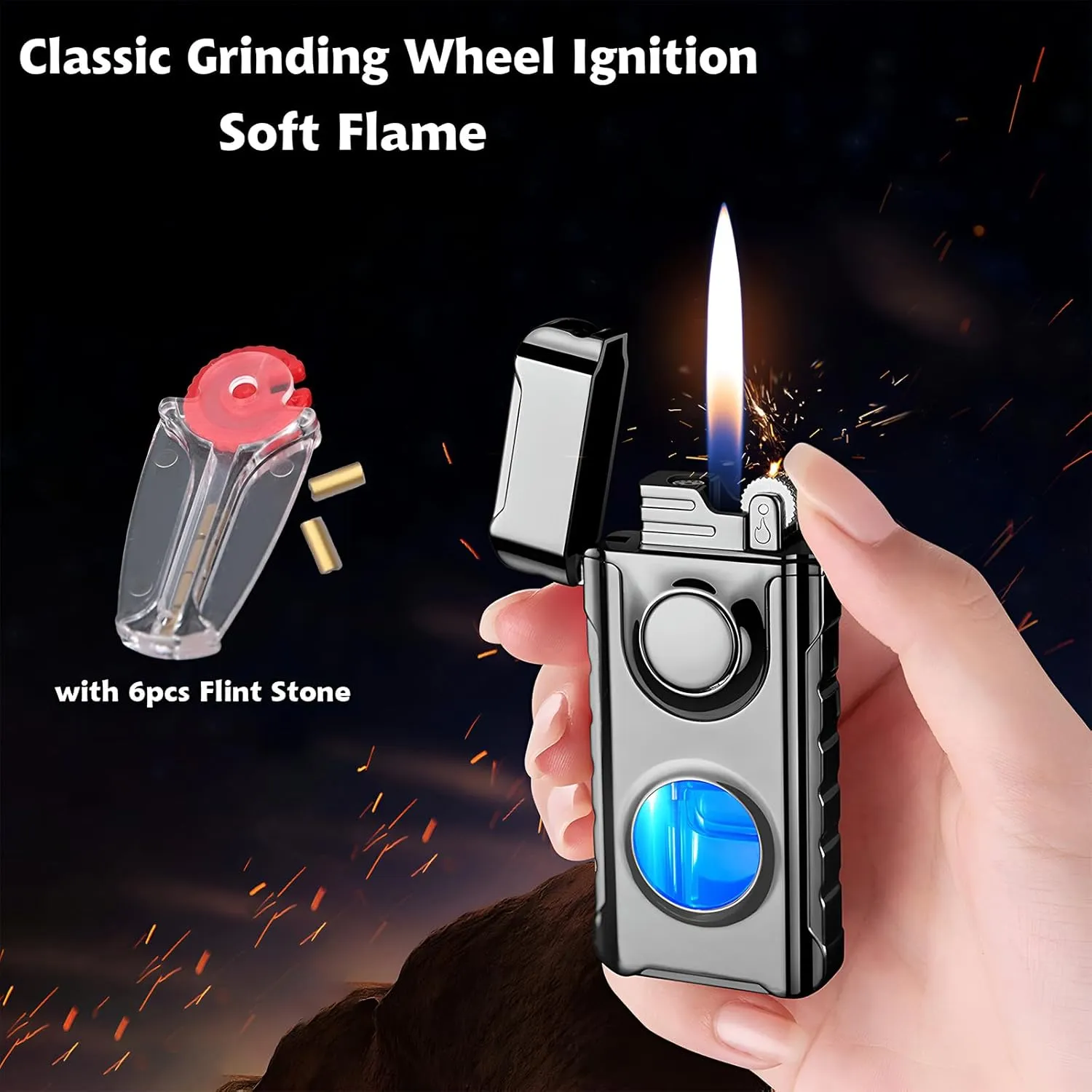 Torch Dual Flame Lighter With 6pcs Flint Stone, Windproof With Visible Fuel Tank, Adjustable Soft and Jet Flame 2 in 1, Refillable Butane for Gift Men - Ice Rainbow