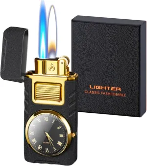 Torch Lighter, Cool Dual Flame Lighter Fashion Design, Refillable Butane Lighter with Visible Fuel Tank,Windproof Adjustable Soft Flame and Jet Flame Lighter for Men Lady (Without Fuel) (Matte Black)