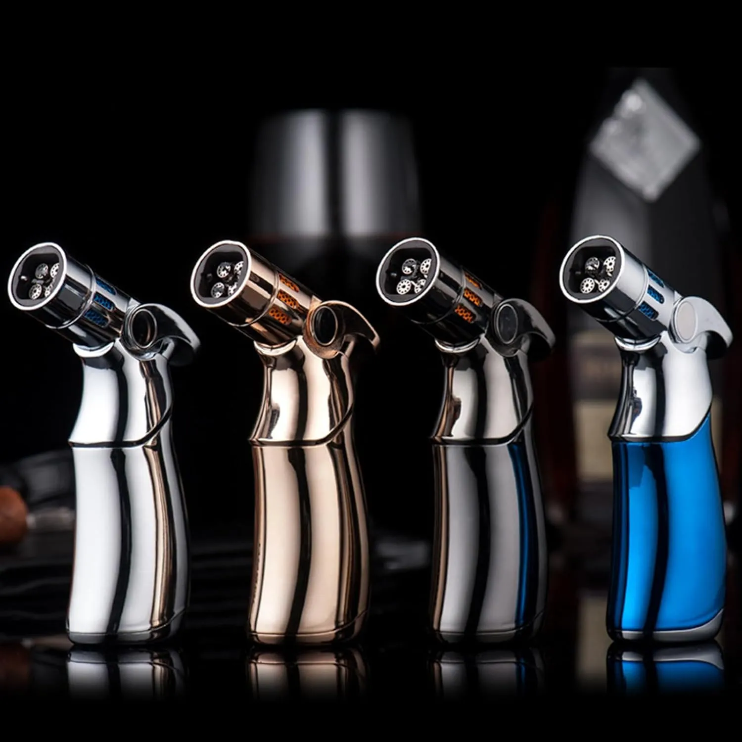 Torch Lighter, Windproof Straight Torch Blue Flame Lighter, Adjustable 4 Jet Flame Refillable Butane Refill Portable Lighter for Grill BBQ Candles Camping, Cool Lighter Gift for Men Father (4PCS)