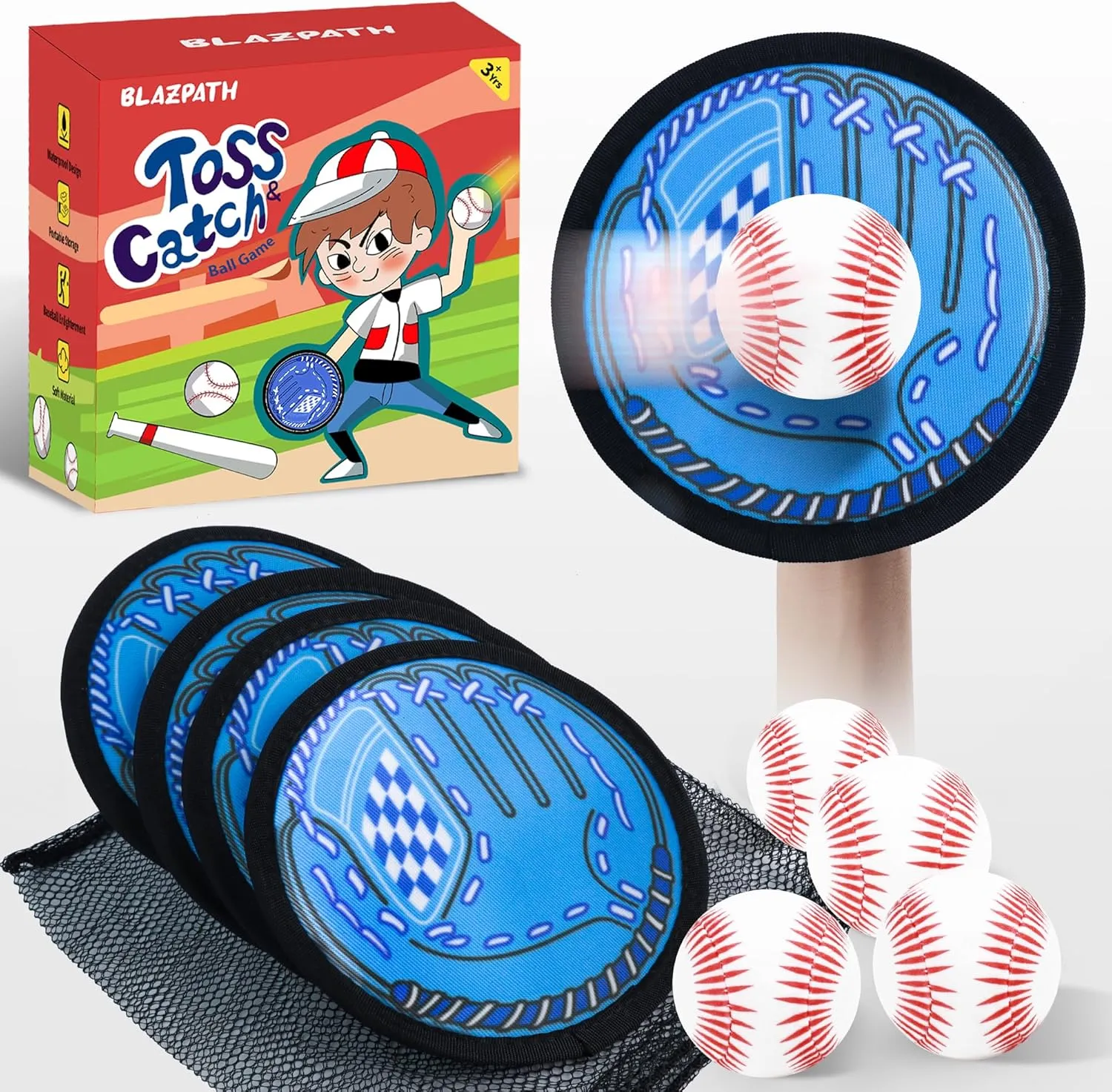 Toss and Catch Soft Sticky Ball Game Set for Kids 3-5, Toddler Baseball Glove Paddle Pads Catch Tennis Ball Sports Toys Indoor, Sticky Catcher Mitt with Softball Play Catching Beginner Set