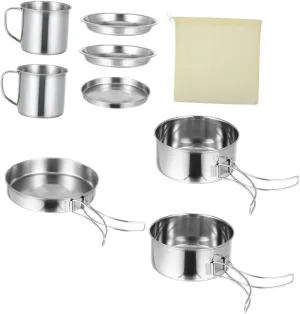 Totority Stainless Steel Mountaineering Barbecue Pot Set 8-Piece Cooking Utensil for 5-6 People Easy to Clean