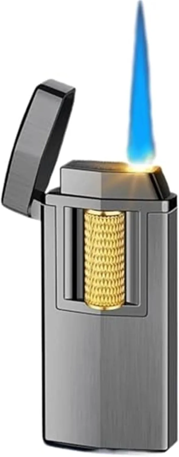Touch-Sensitive Premium Butane Lighters, Brushed Metal Flip Cap, Classic Windproof Jet Flame, Adjustable Flame, Refillable Gas Portable Lighter for Camping Adventures (Fuel Not Included)(Black)